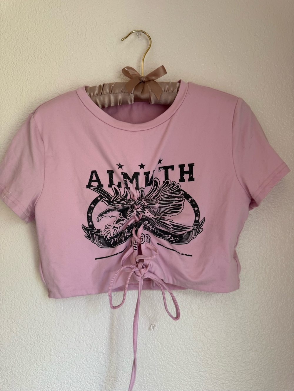 Almith Pink Lace-Up Graphic Crop Tee